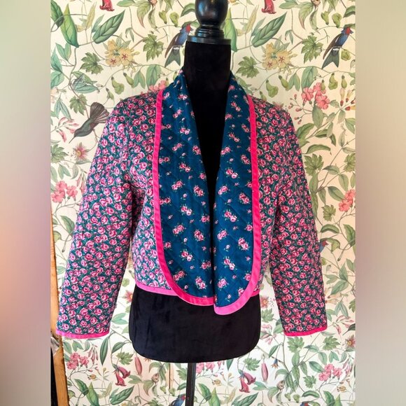 Vintage Jackets & Blazers - Floral Quilted Jacket with Pink Trim